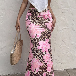 Floral Animal Print Midi Skirt
