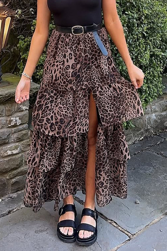 Leopard Print Ruffle Midi Skirt