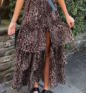 Leopard Print Ruffle Midi Skirt