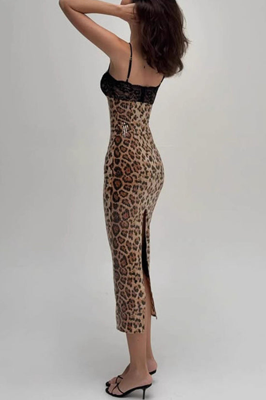 Leopard Print Lace Trim Fitted Midi Dress