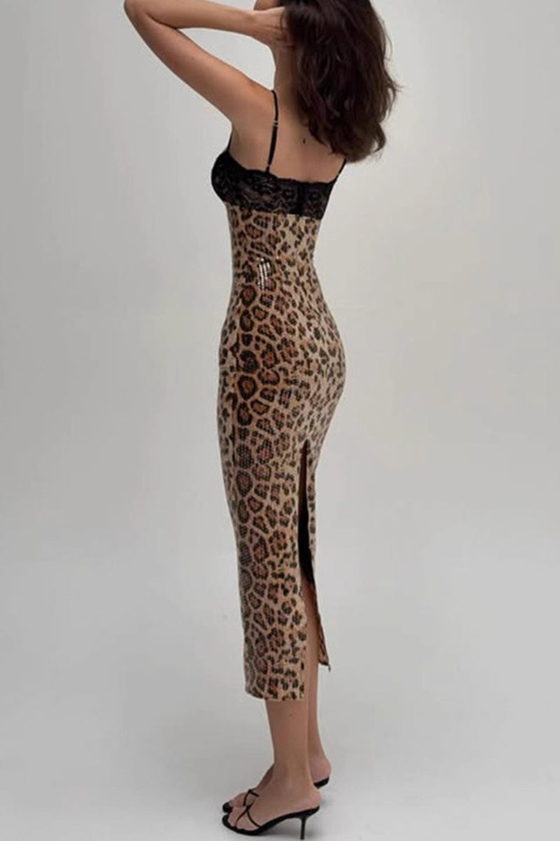 Leopard Print Lace Trim Fitted Midi Dress