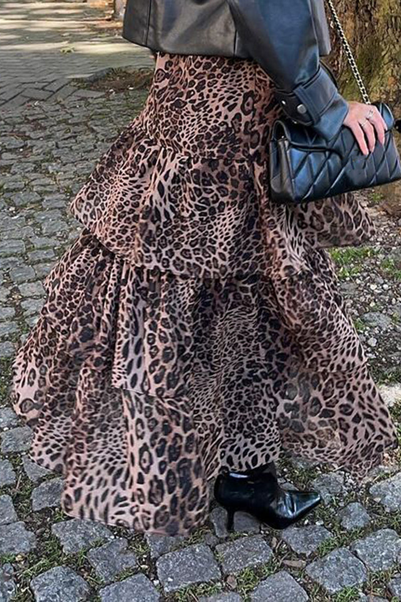 Leopard Print Ruffle Midi Skirt
