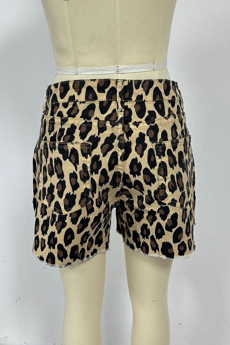 Leopard Print Frayed Denim Shorts