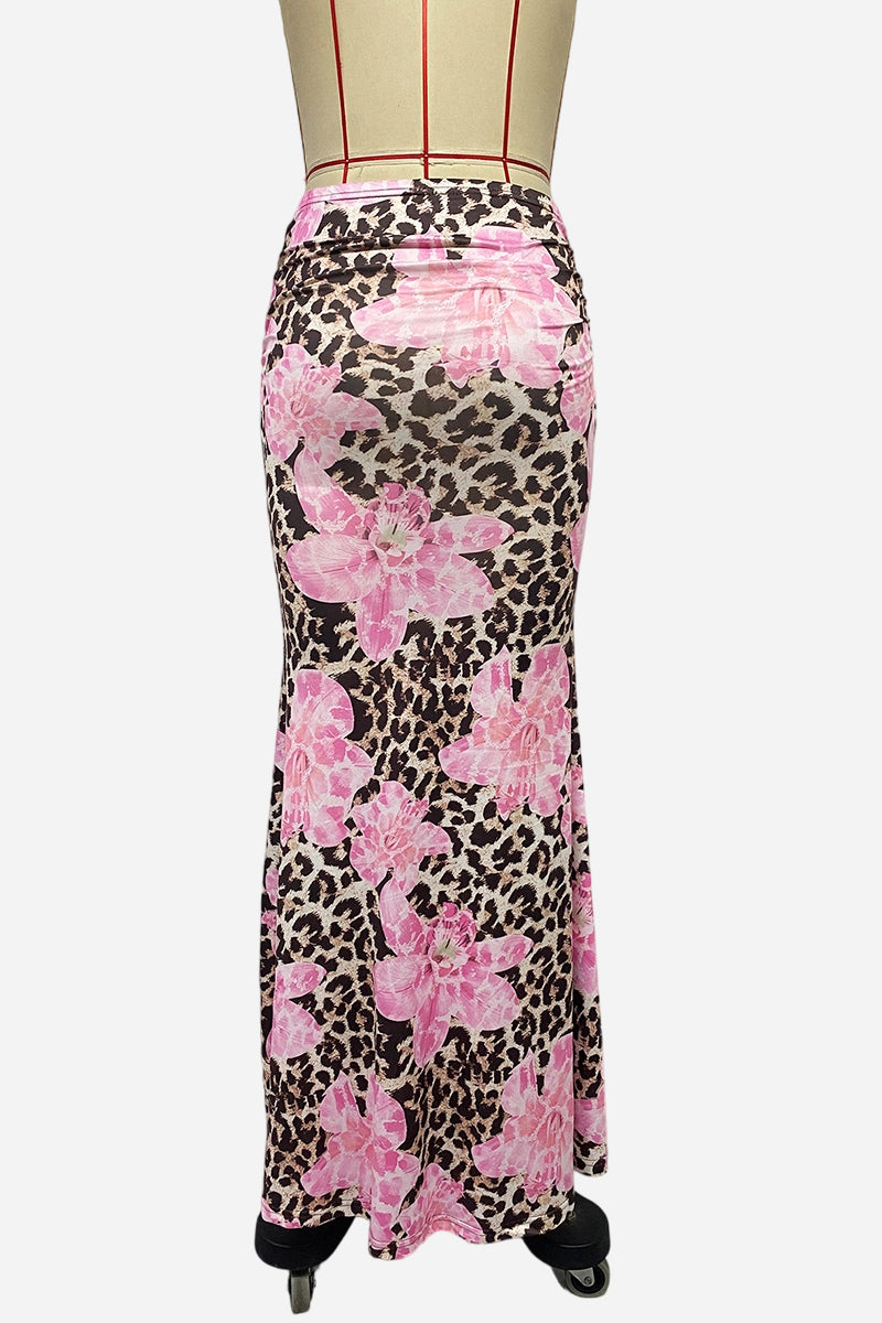 Floral Animal Print Midi Skirt