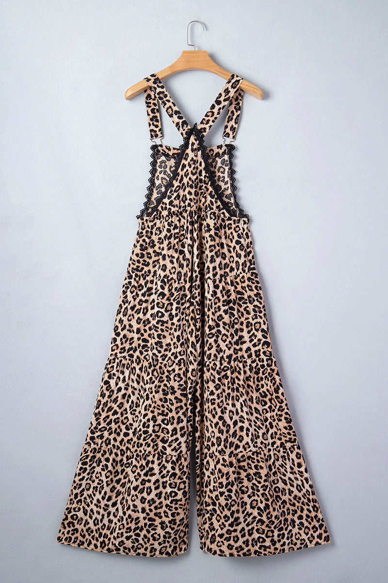 Cheetah Print Lace Ruffled Wide Leg Jumpsuit
