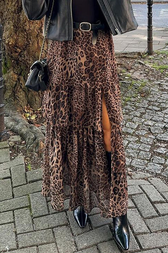 Leopard Print Ruffle Midi Skirt