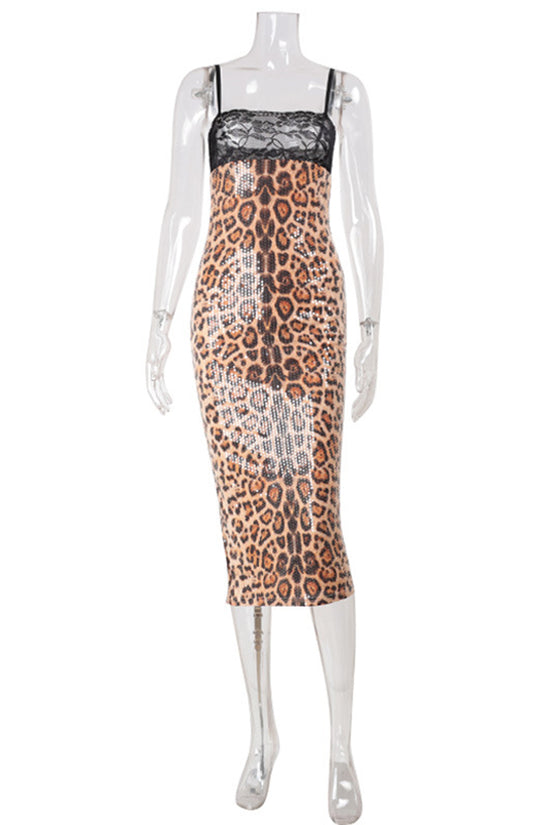Leopard Print Lace Trim Fitted Midi Dress