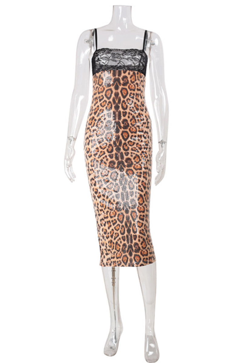Leopard Print Lace Trim Fitted Midi Dress