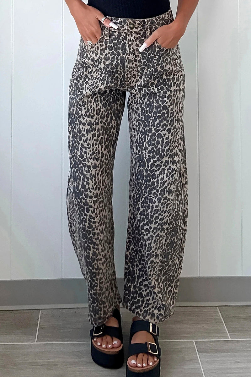 Leopard Print Barrel Jeans
