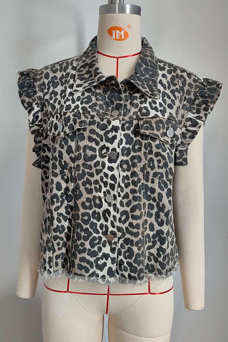 Sleeveless Animal Print Denim Vest