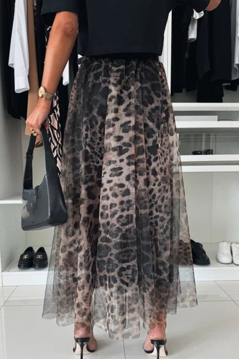 Leopard Print Tulle Midi Skirt