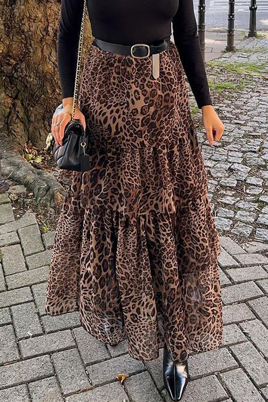 Leopard Print Ruffle Midi Skirt