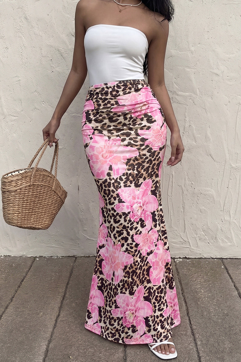 Floral Animal Print Midi Skirt
