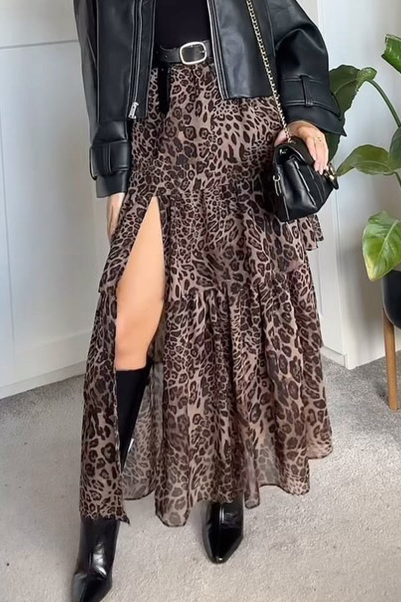 Leopard Print Ruffle Midi Skirt