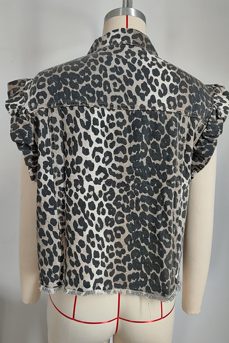Sleeveless Animal Print Denim Vest