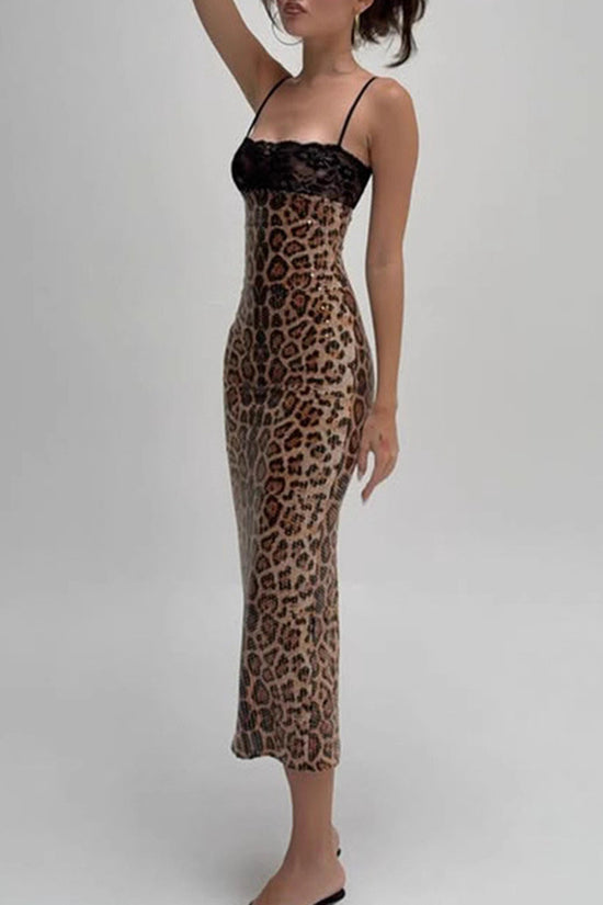 Leopard Print Lace Trim Fitted Midi Dress