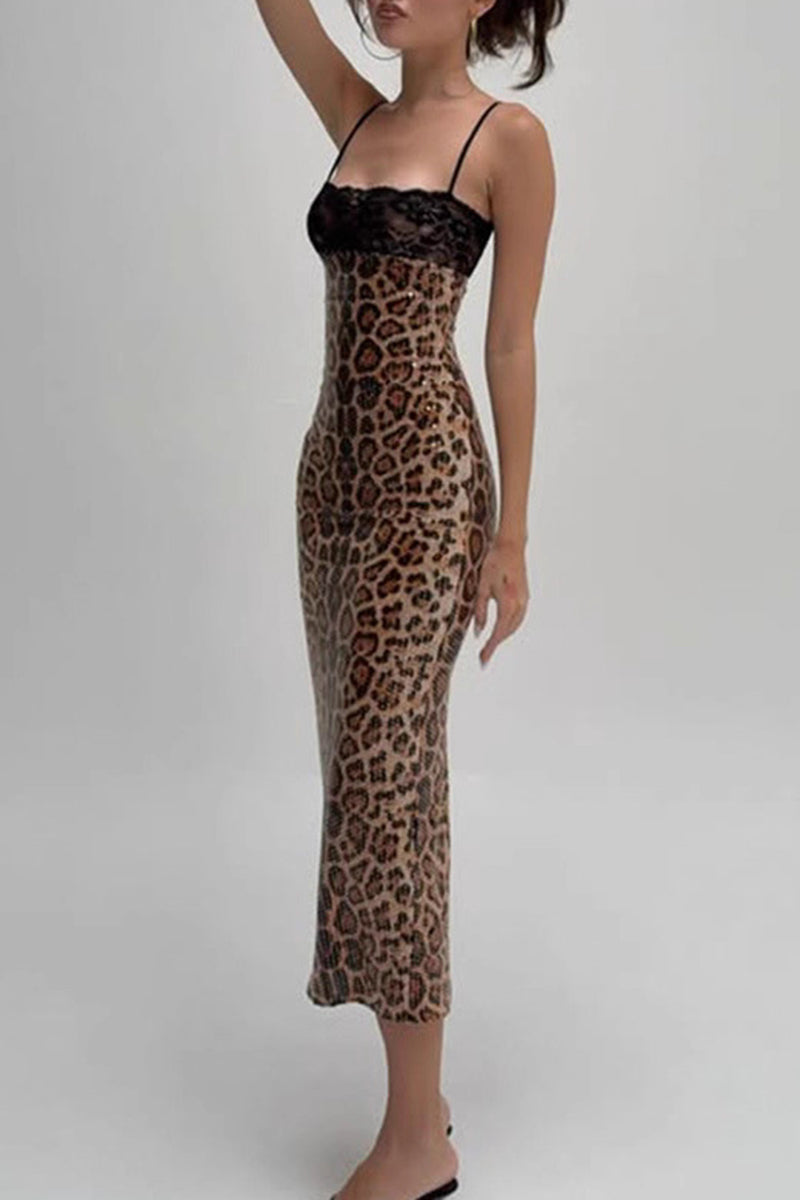 Leopard Print Lace Trim Fitted Midi Dress
