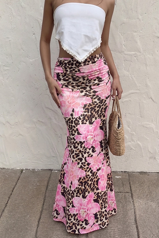 Floral Animal Print Midi Skirt