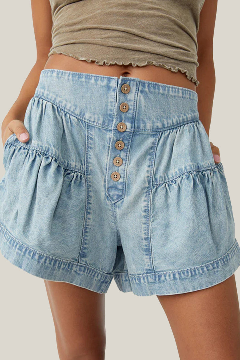 Button-Up High-Waist Denim Shorts