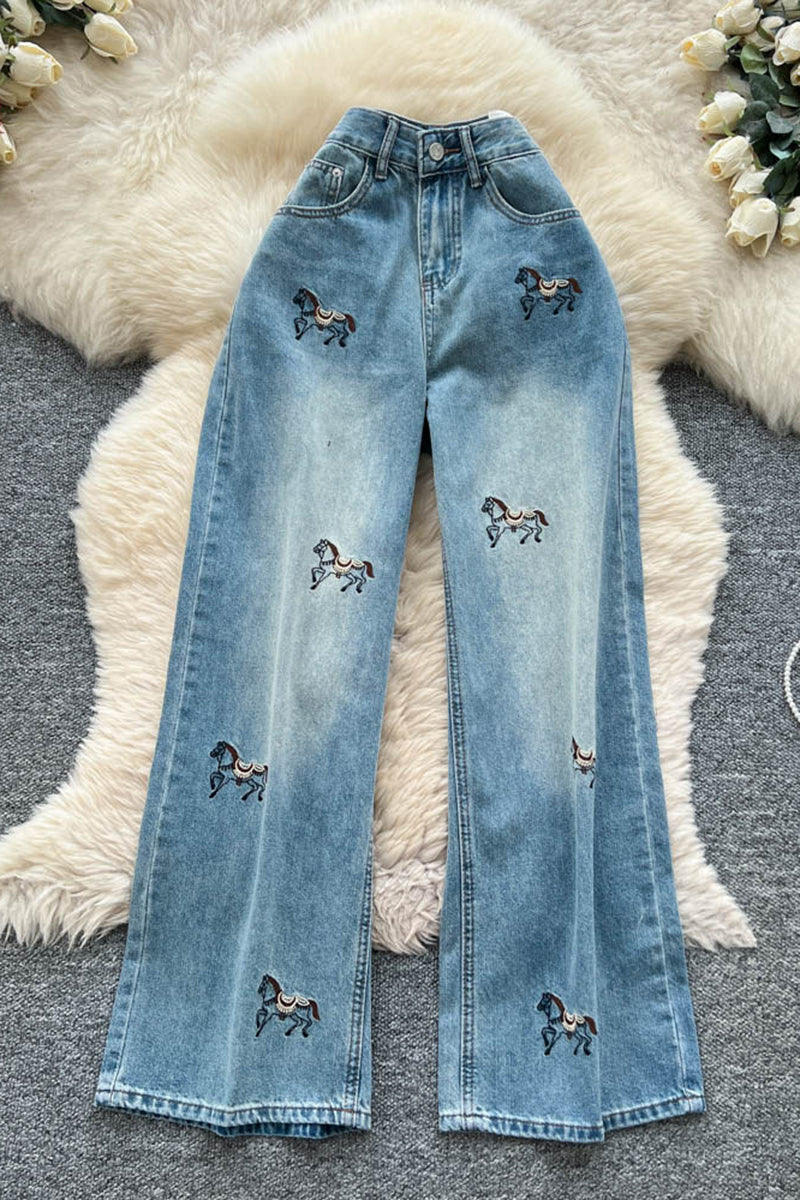 Horse Motif Straight Jeans