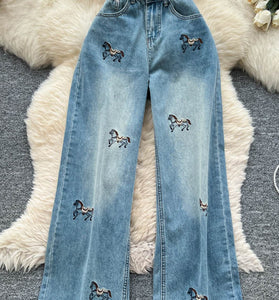 Horse Motif Straight Jeans