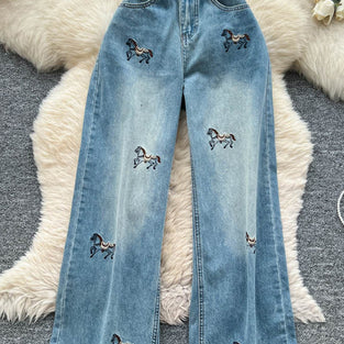 Horse Motif Straight Jeans