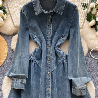 Buttoned Denim Dress with Long Sleeves