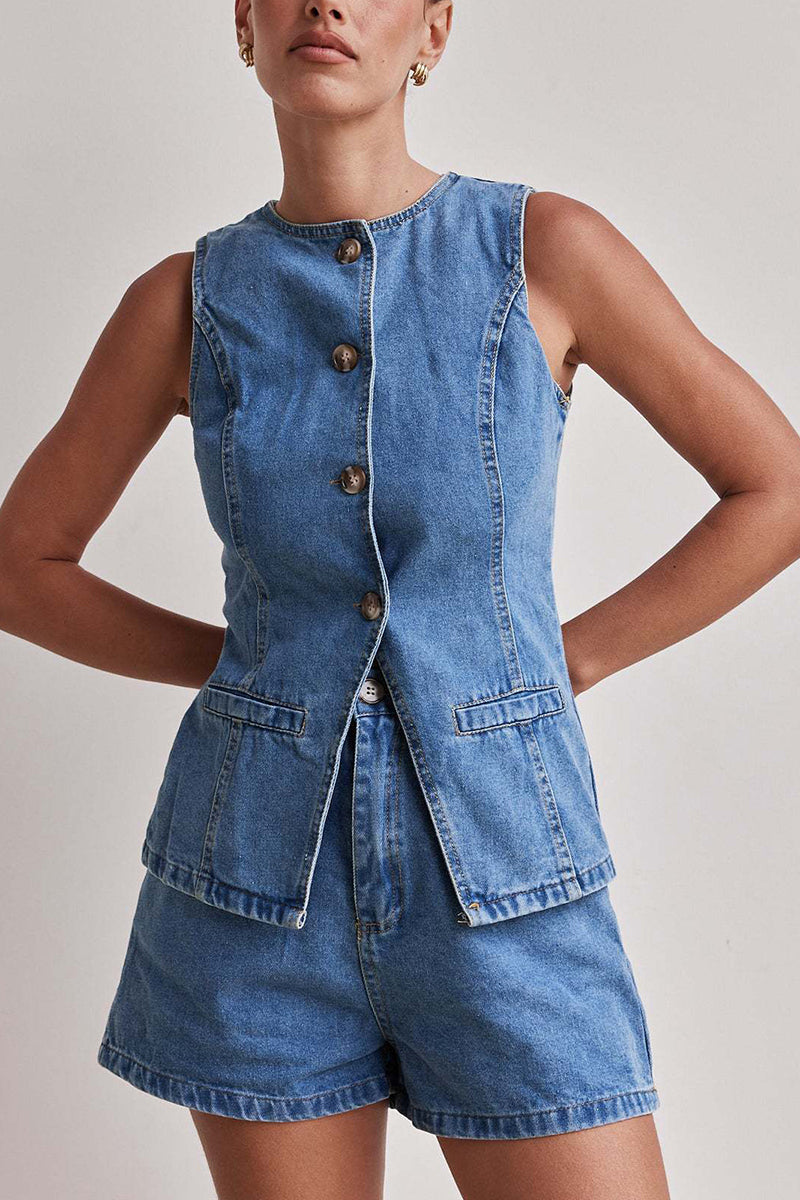Chic Buttoned Sleeveless Shorts Set