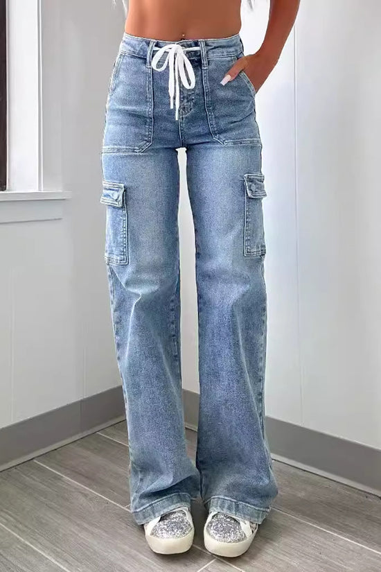 Stylish Straight Cargo Jeans with Drawstring