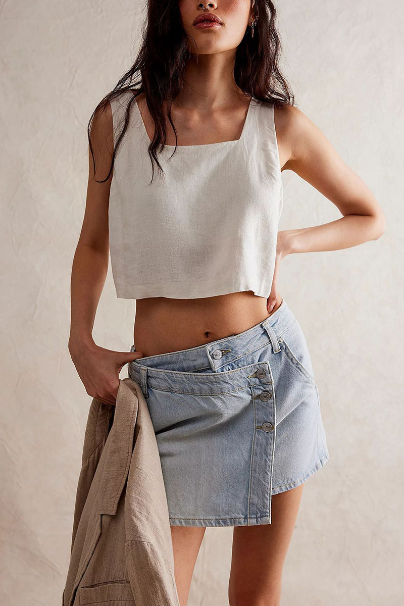 Asymmetric Buttoned Denim Shorts