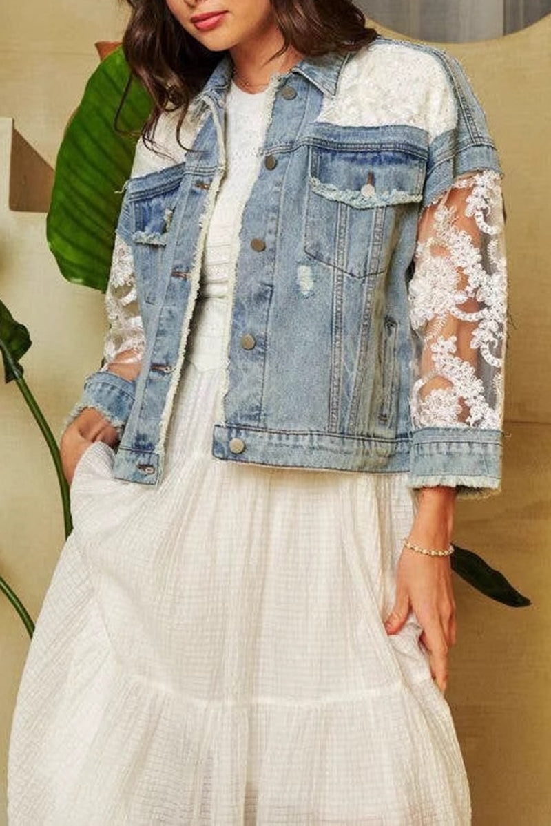 Chic Denim Jacket with Lace Sleeves