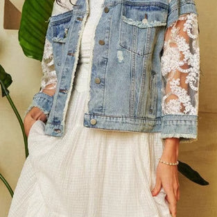 Chic Denim Jacket with Lace Sleeves