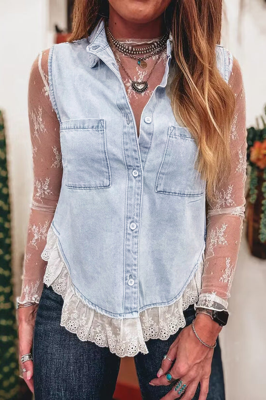 Chic Denim Vest with Lace Trim