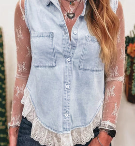 Chic Denim Vest with Lace Trim