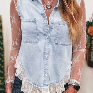 Chic Denim Vest with Lace Trim