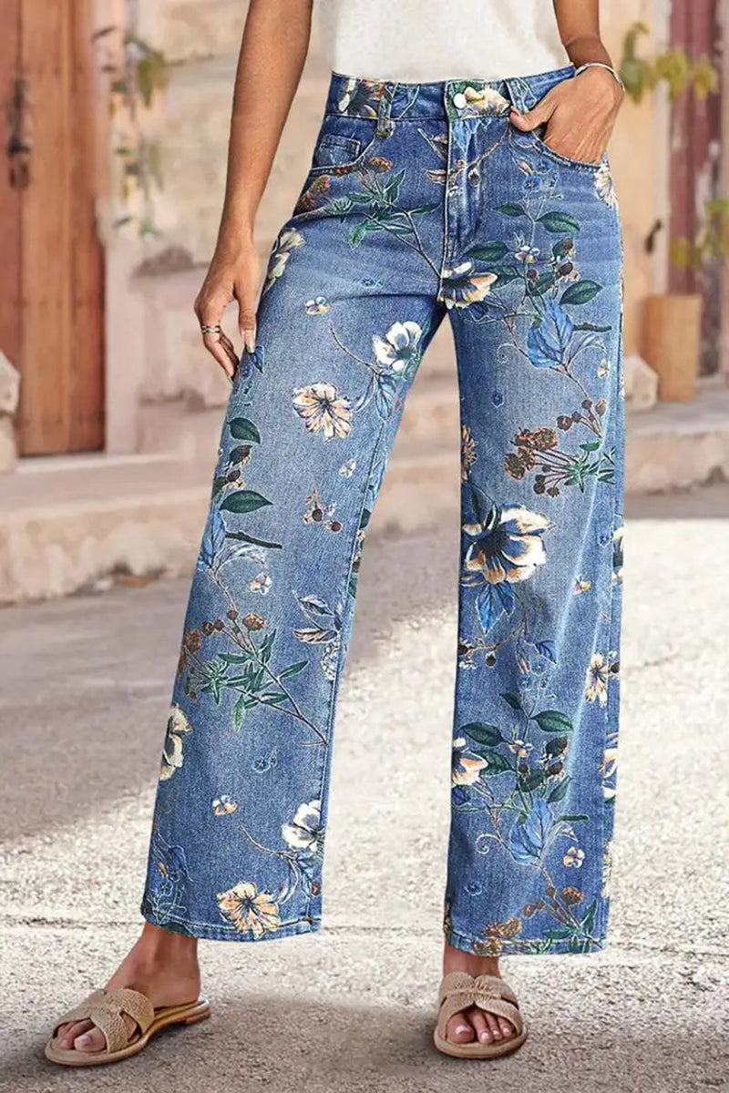 Floral Printed Straight Jeans