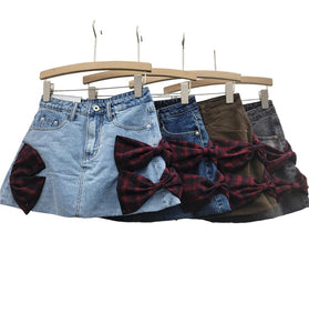 Bow-Accent Denim Skirt