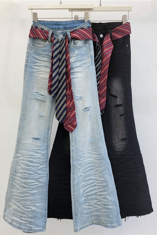 Distressed Flare Jeans with Belt Accent