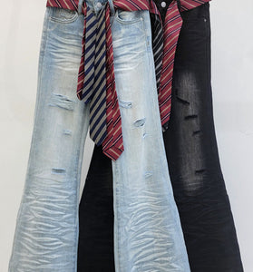 Distressed Flare Jeans with Belt Accent