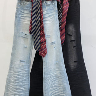 Distressed Flare Jeans with Belt Accent