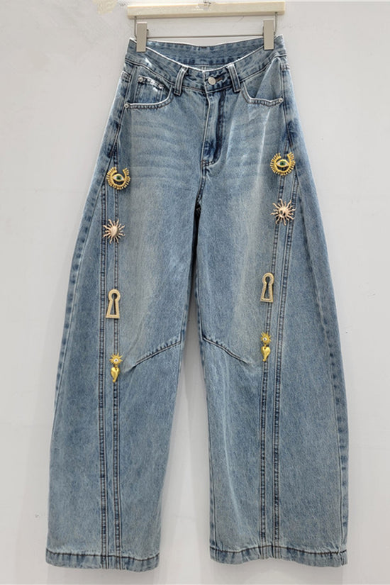 Embellished Barrel Jeans with Accents