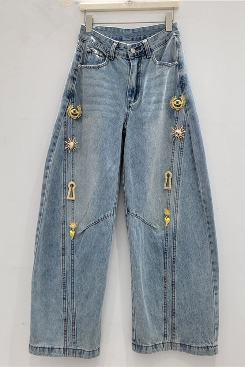 Embellished Barrel Jeans with Accents