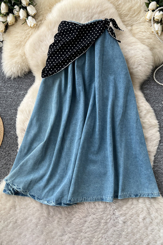 Polka-Dot Tie Detail Denim Skirt