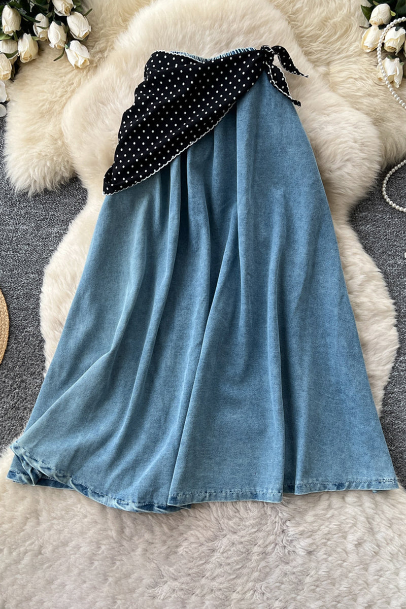 Polka-Dot Tie Detail Denim Skirt