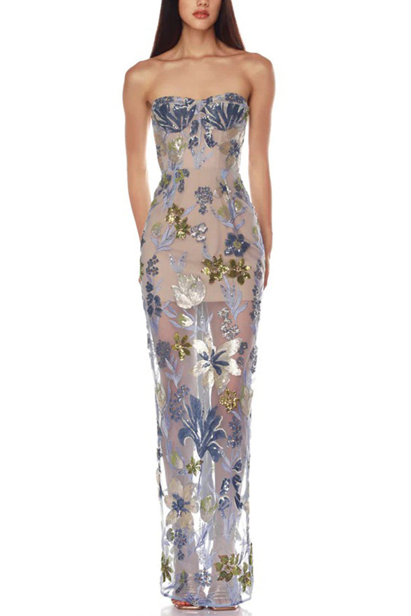 Floral Strapless Evening Bodycon Dress