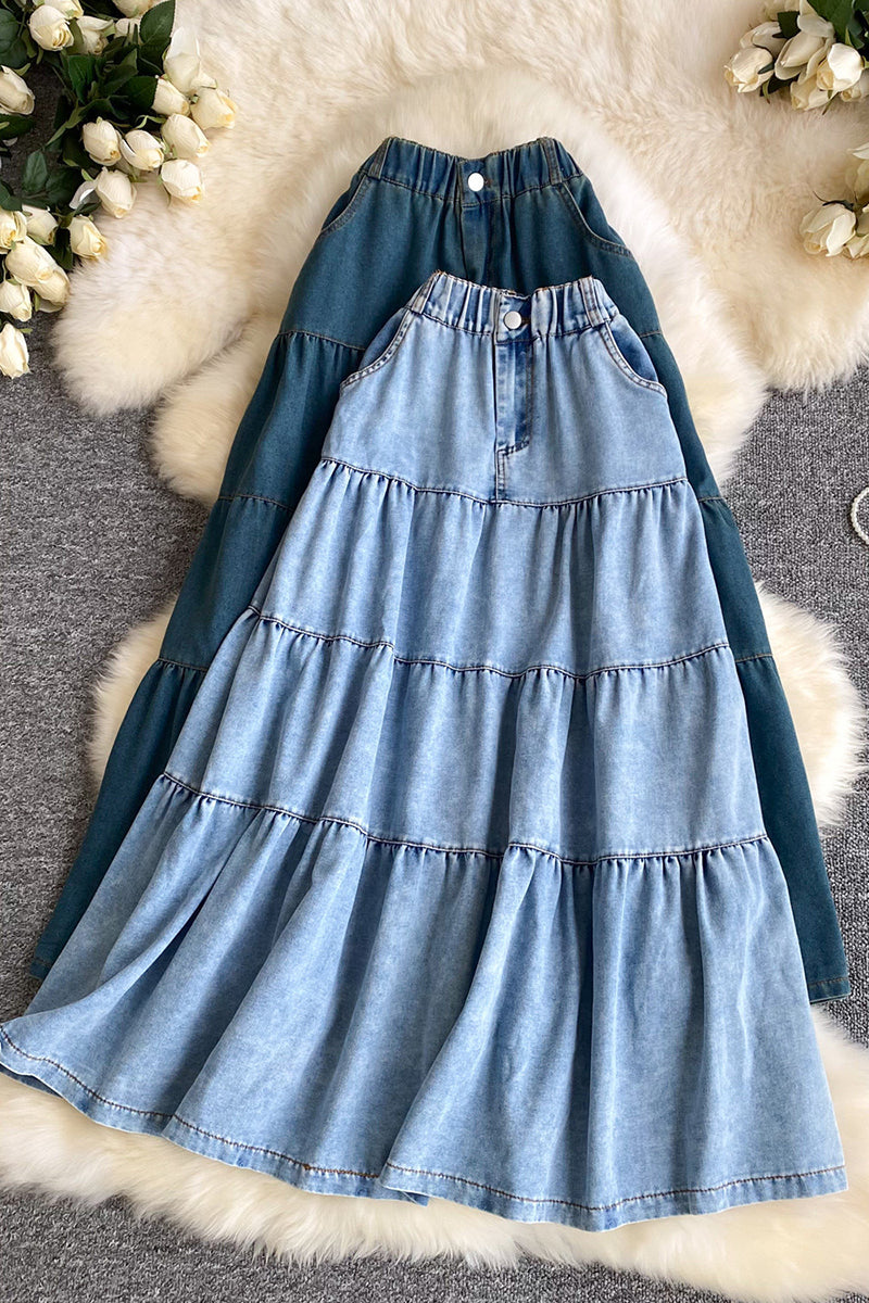 Tiered Denim Maxi Skirt