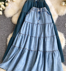 Tiered Denim Maxi Skirt