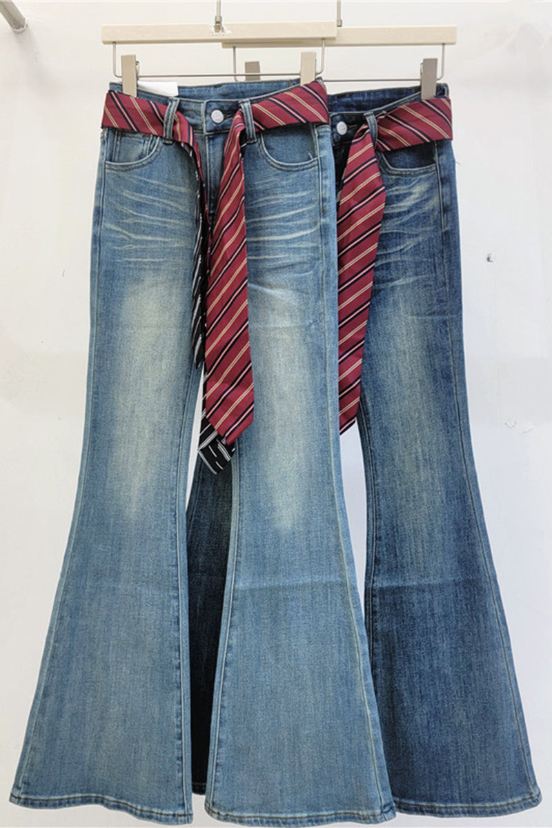 Flare Denim Trousers with Tie Belt