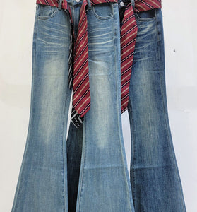 Flare Denim Trousers with Tie Belt