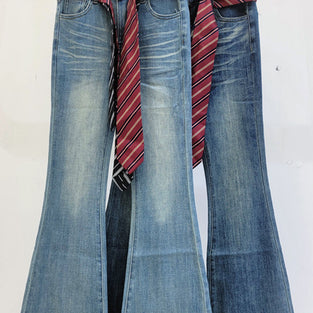 Flare Denim Trousers with Tie Belt